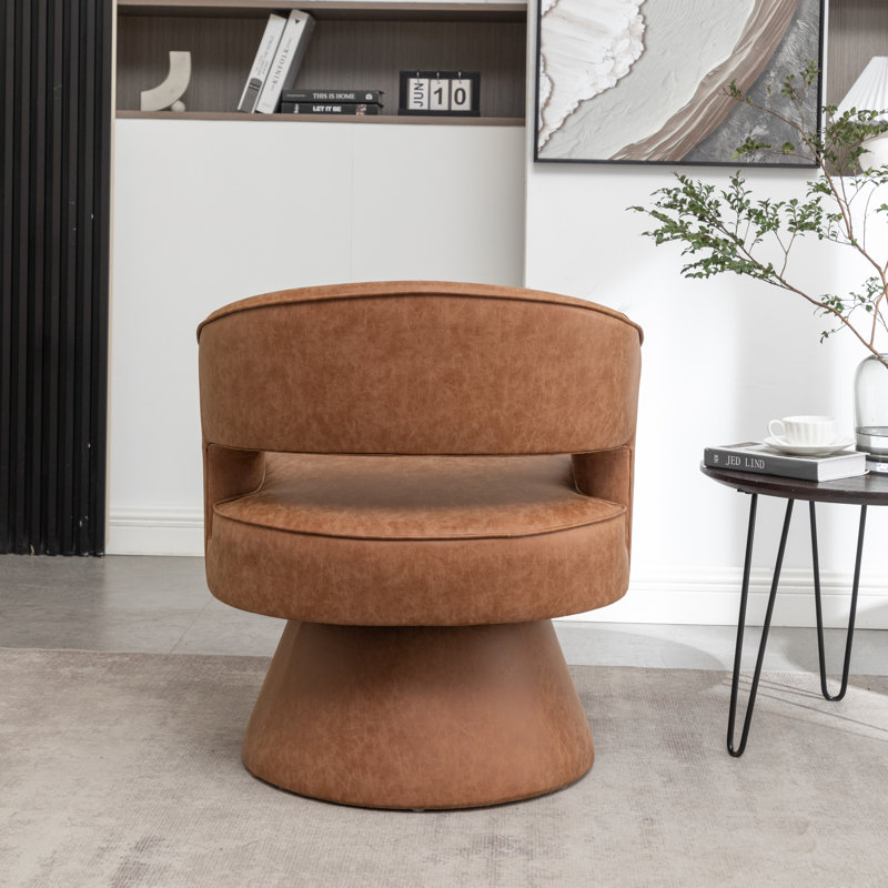 Kiersten Faux Leather Swivel Barrel Chair, Brown Faux Leather, 1