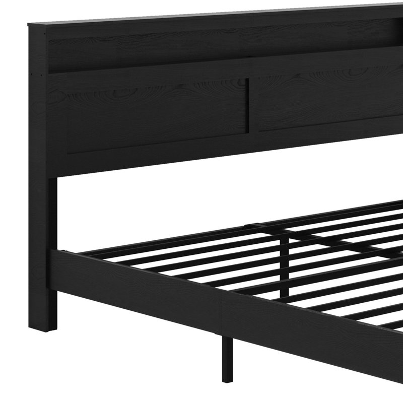 Structure de lit plateforme en bois avec tête de lit à DEL avec rangement et 2 USB, grand rangement sous le lit, Noir foncé
