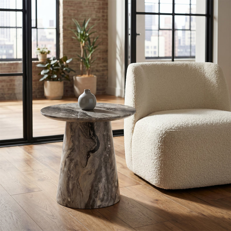 Table basse ronde de 19,6 pouces avec une finition texturée grise, idéale pour les salons et les chambres, Gris, Marbre