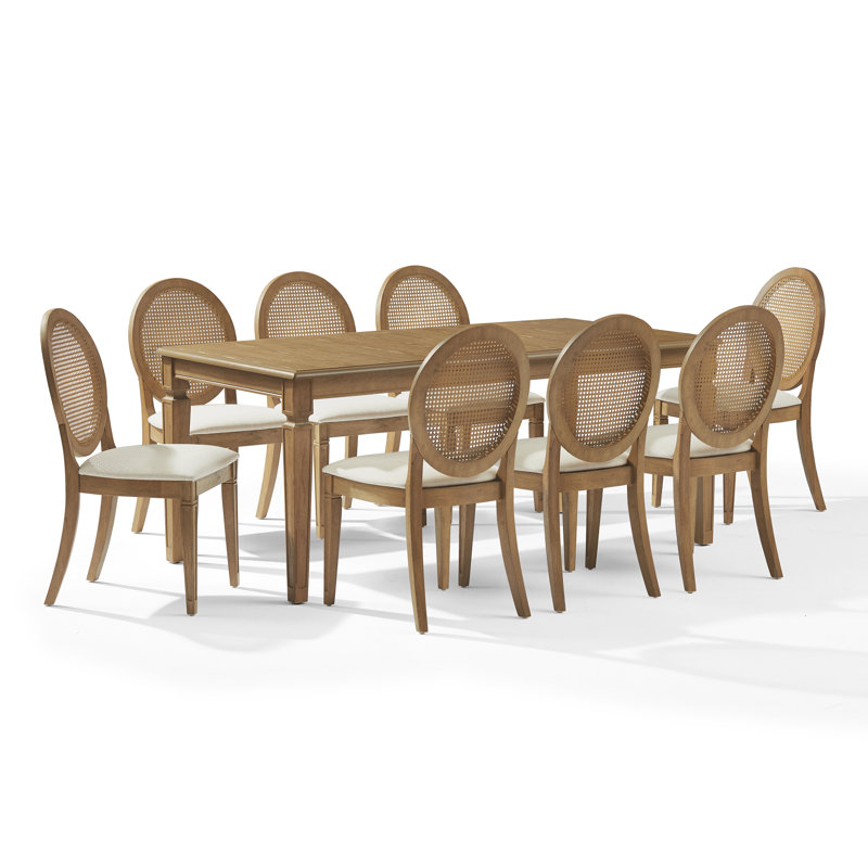 Ensemble de table de salle à manger 9 pièces Jacolyn pour 8 chaises rembourrées à dossier canne, 9 pièces : table, 8 chaises