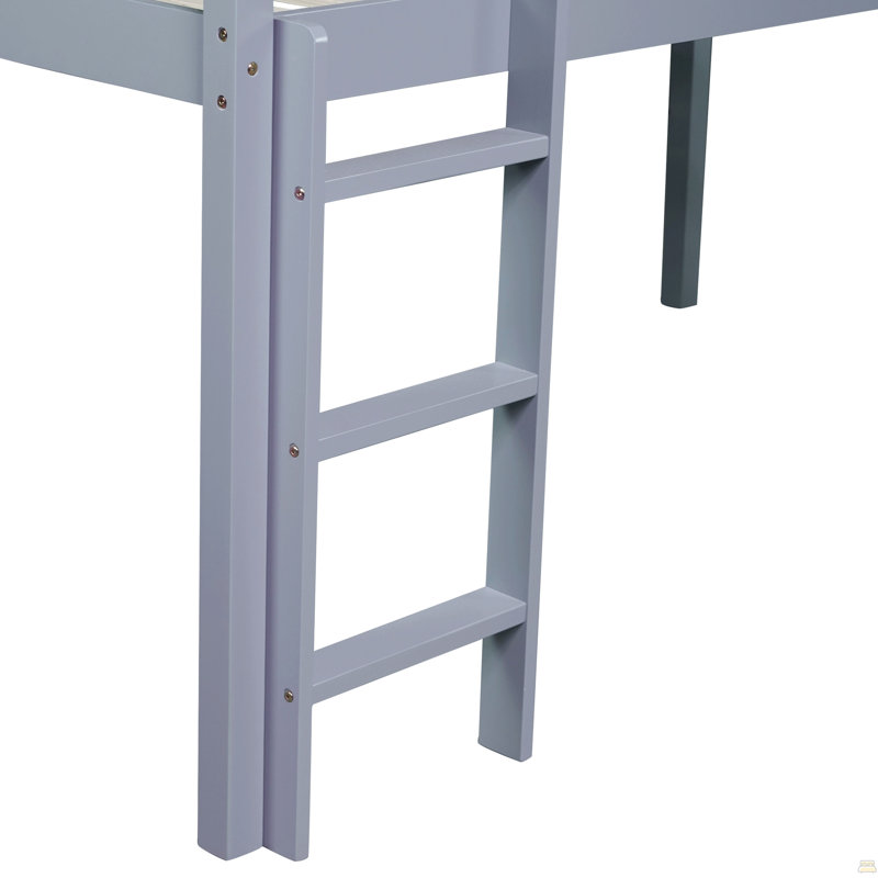 Lit simple mezzanine bas avec glissade, échelle, barrières de sécurité, lit mezzanine simple en bois d'hévéa, Gris
