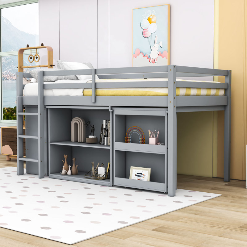 Lit mezzanine simple bas avec bureau intégré, armoire à tiroirs et armoire à tablettes, gris