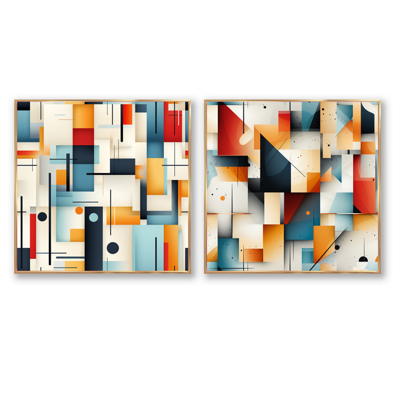 Urban Mosaic III - ensemble de 2 collages carrés à formes abstraites, Cadre flottant doré, H 36 po x l 73 po
