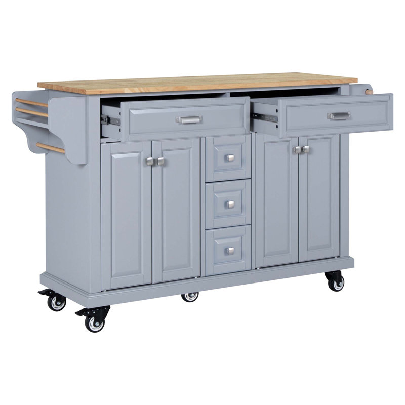 Durable Kitchen Island With Rubber Wood Countertop, 5-Wheel Mobility, And Ample Storage For Enhanced Cooking Experience, Gray