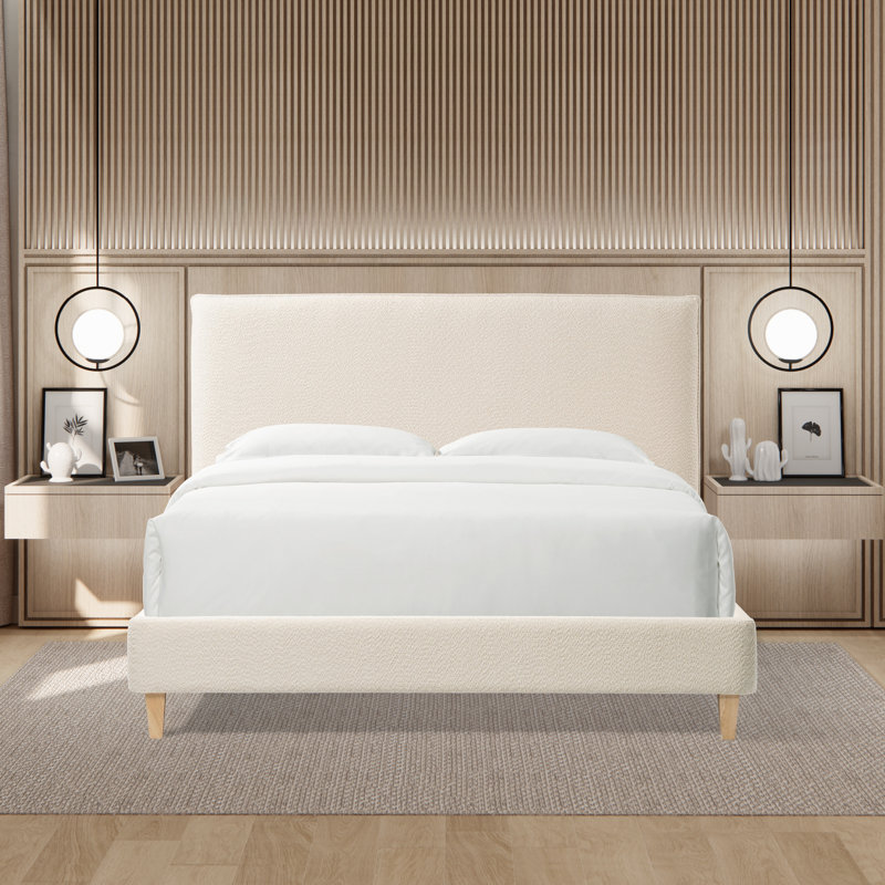 Vireo Pearl Upholstered Bed Frame With Modern Boucle Headboard, Queen Size, Minimalist Bed Frame, Platform Bed, No Box Spring Required, Bed Frame Wood Slats, 70.5" X 87.25" X 46.5"