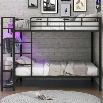 Full Size Metal Bunk Bed With Storage Mesh Shelves And LED Light Stylish Space-Saver