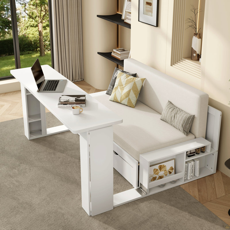 Lit de jour double avec bureau amovible, tiroirs de rangement et table d'appoint hydraulique, blanc, Blanc
