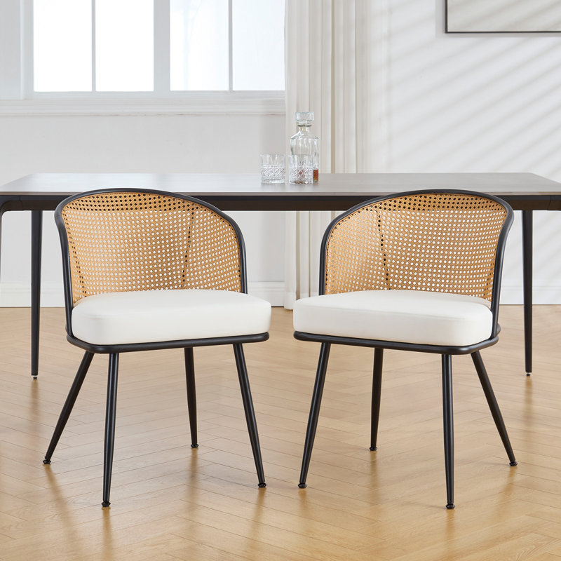 Chaises de salle à manger rembourrées en tissu de polyuréthane 19,3 po H avec dossier canne et structure en métal noir, Blanc