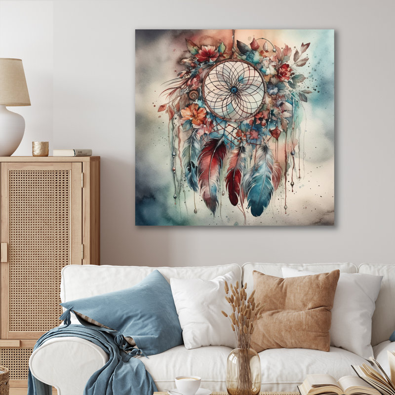 Décoration murale rose et bleue «Boho Inspiration I - Boho Feather», H 16 po x l 16 po x P 1 po