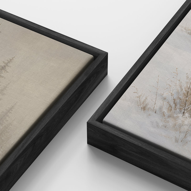 «Snowy Evergreen Forest Landscape with Deer and Misty Winter Scenery», art mural pour salon, chambre à coucher, chalet, bureau, entrée, couloir - ensemble de 2 reproductions d'art encadrées sur toile 60 po x 20 po x 2