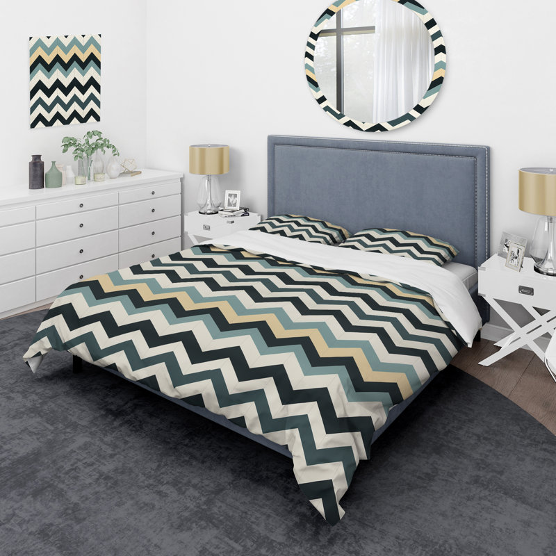 Ensemble de housse de couette à motif géométrique gris et blanc à motif de chevrons neutres II