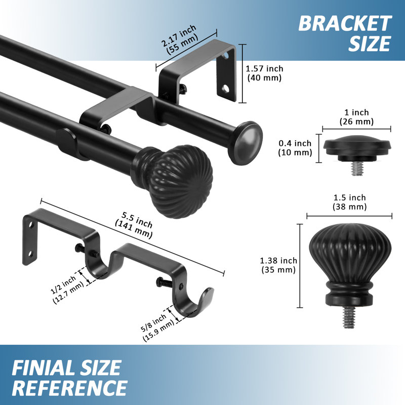 Sigmund Adjustable Double Curtain Rod, Black, 0.625" H x 120" W x 0.625" D