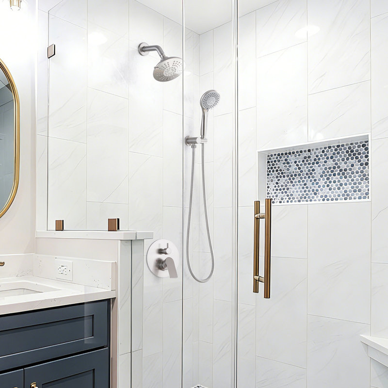 Système de douche mural complet en laiton massif, ensemble de douche 5 fonctions avec valve brute, Argent argent