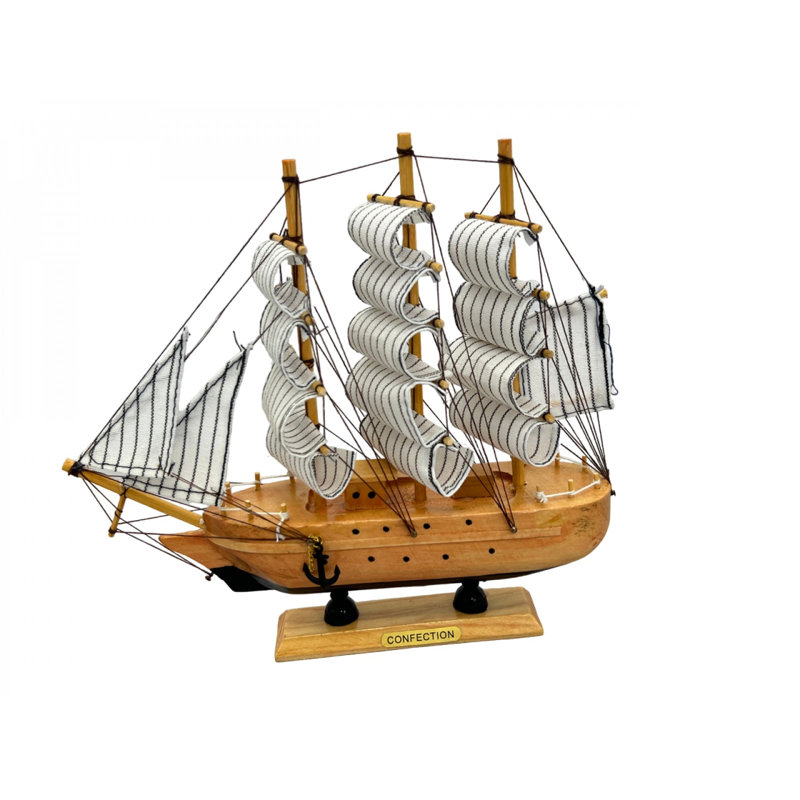 Figurine rayée sur un bateau en bois, H 9,1 po x l 2 po x P 9,1 po, Blanc-bleu-brun, Bois-tissu