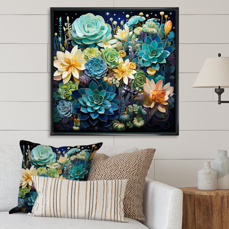 Teal Succulent Serenade - Floral Canvas Art Print, Cadre flottant noir, H 24 po x l 24 po x P 1 po