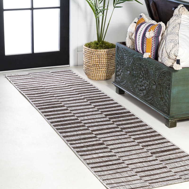 Agha Modern Offset Stripe Beige/Brown Indoor/Outdoor Rug, Runner 2'2" x 8'