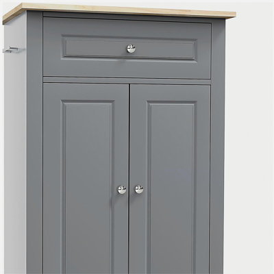 Rolling Kitchen Island with wheels, portable service trolley table with drawers, adjustable shelves, and two towel holders, grey