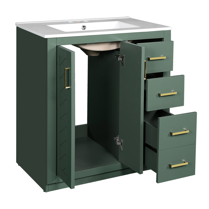 Meuble-lavabo de 30 po avec cadre en bois massif, charnières, planches, rangement spacieux pour tous les articles, style rétro et produits uniques à motif de rainures,