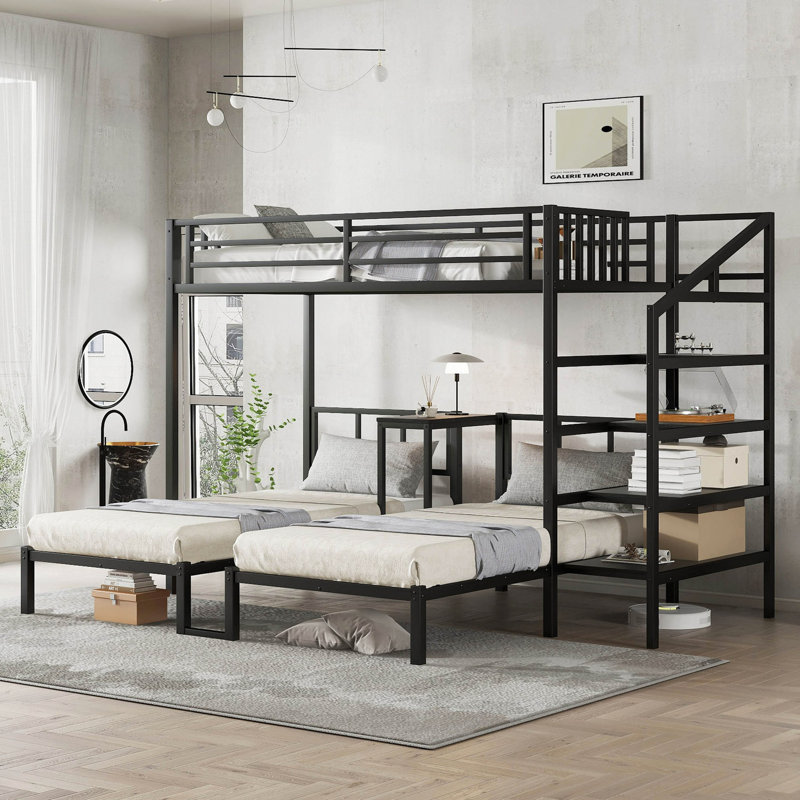 Lits superposés pour lit superposé Triple lit superposé en métal avec bureau et tablettes, économie d'espace / réduction du bruit