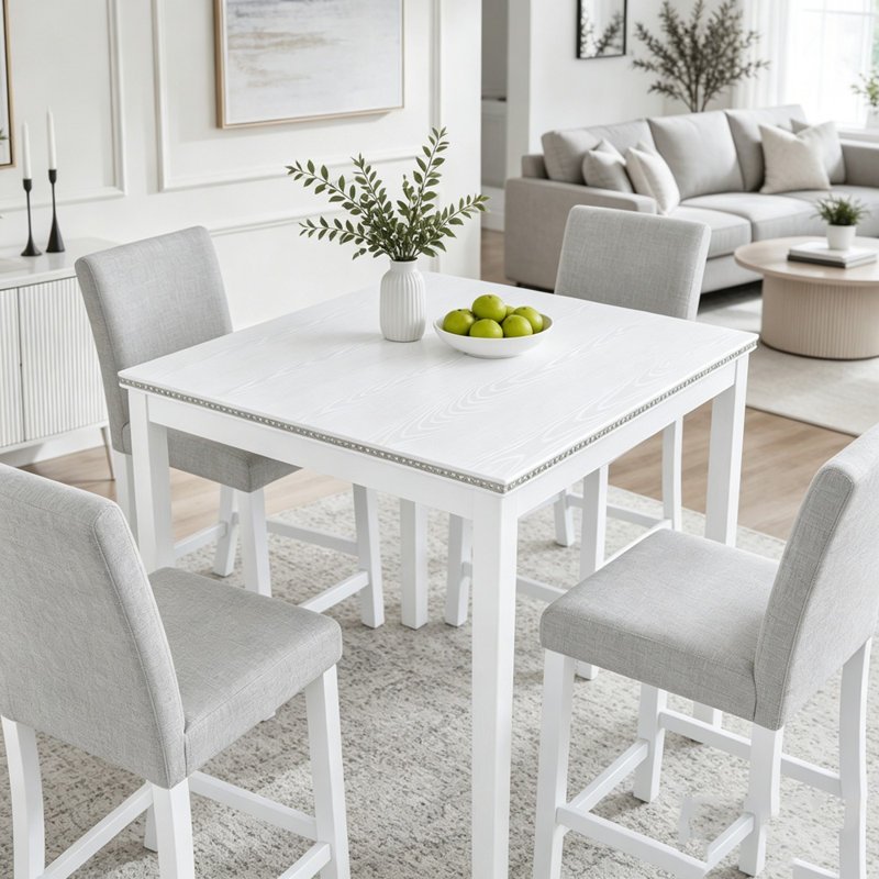 Ensemble de salle à manger 5 pièces hauteur comptoir avec bordure en cristal, Gris pâle, blanc