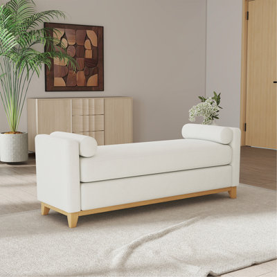 66.34"es Beige Sherpa Fleece Upholstered Bench / Daybed / with  Solid Wood Legs and 2 Bolster Pillows, Ideal for Bed End, Bedroom, Living Room, Entryway