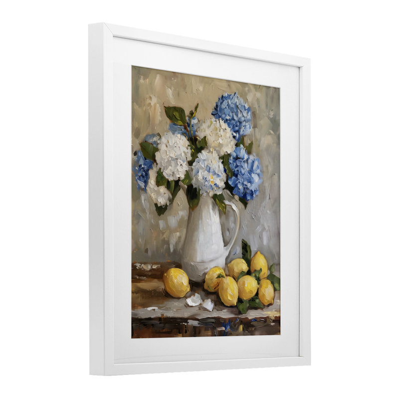 Hortensias et agrumes, nature morte, reproduction encadrée sous verre, design par LSR Creative Studio, H 16 po x l 13 po