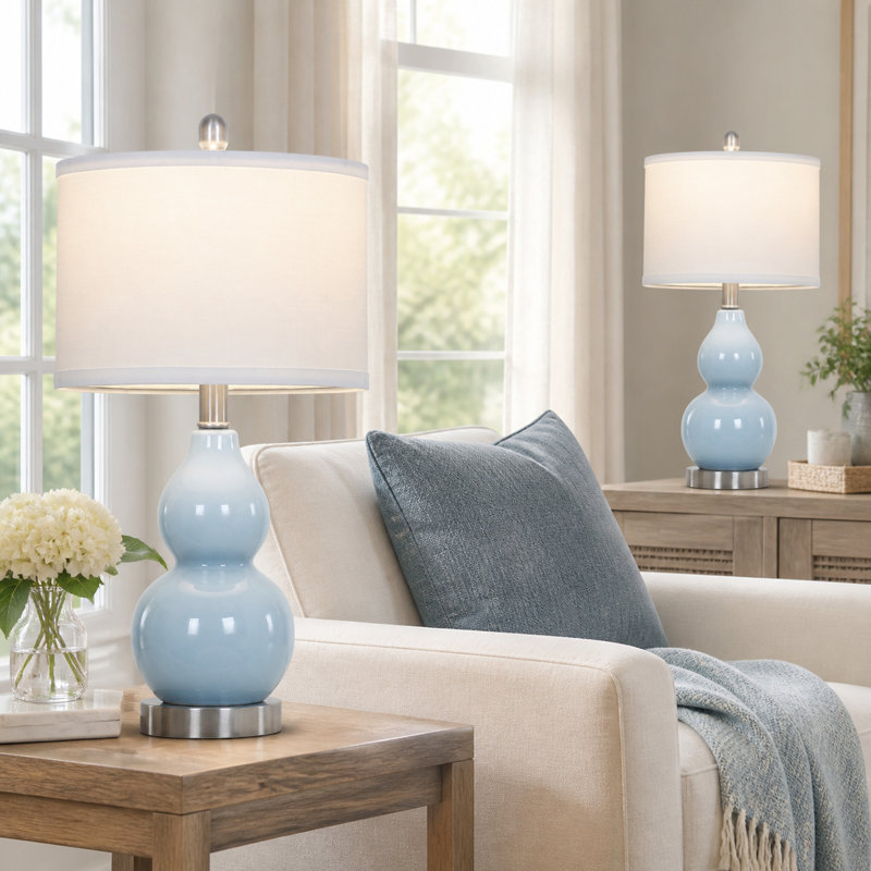Ensemble de lampe de chevet en céramique 22 "avec ampoules Haahris, Bleu, Blanc