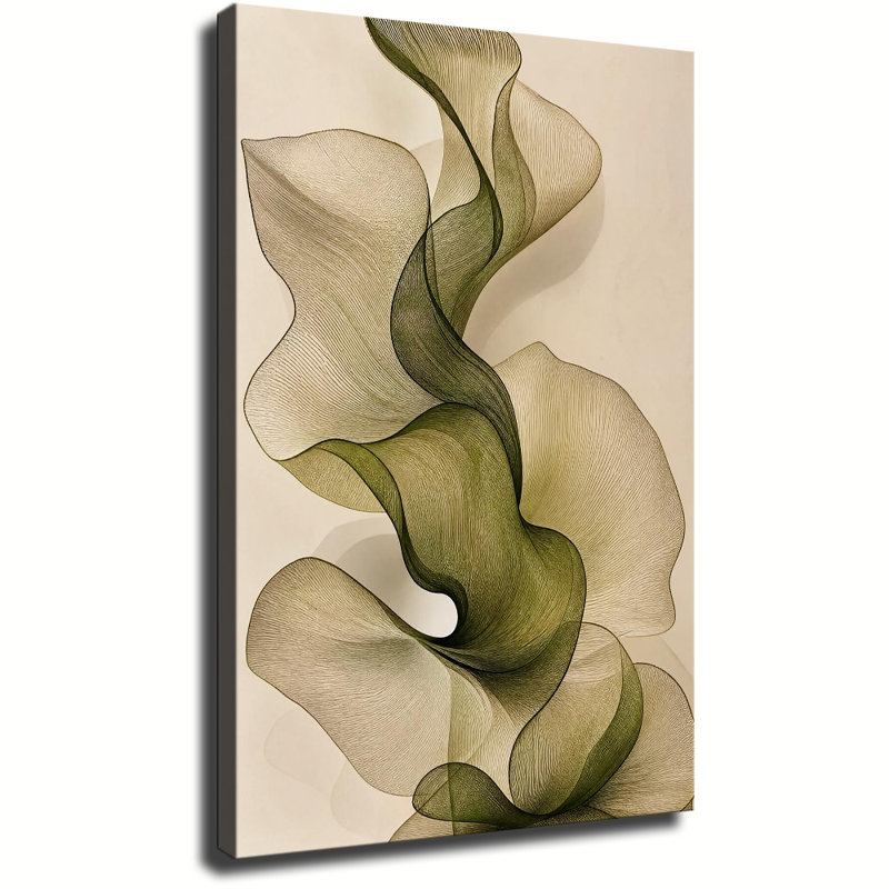 Tableau sur toile abstrait avec lignes transparentes vert sauge, motif ruban fluide, décoration moderne et minimaliste neutre
