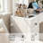 Large White Vanity Desk with Tri-Fold Lighted Mirror, Makeup Vanity Table with Built-in Power Outlets, Hair Dryer Rack, Glass Top & 5Drawers