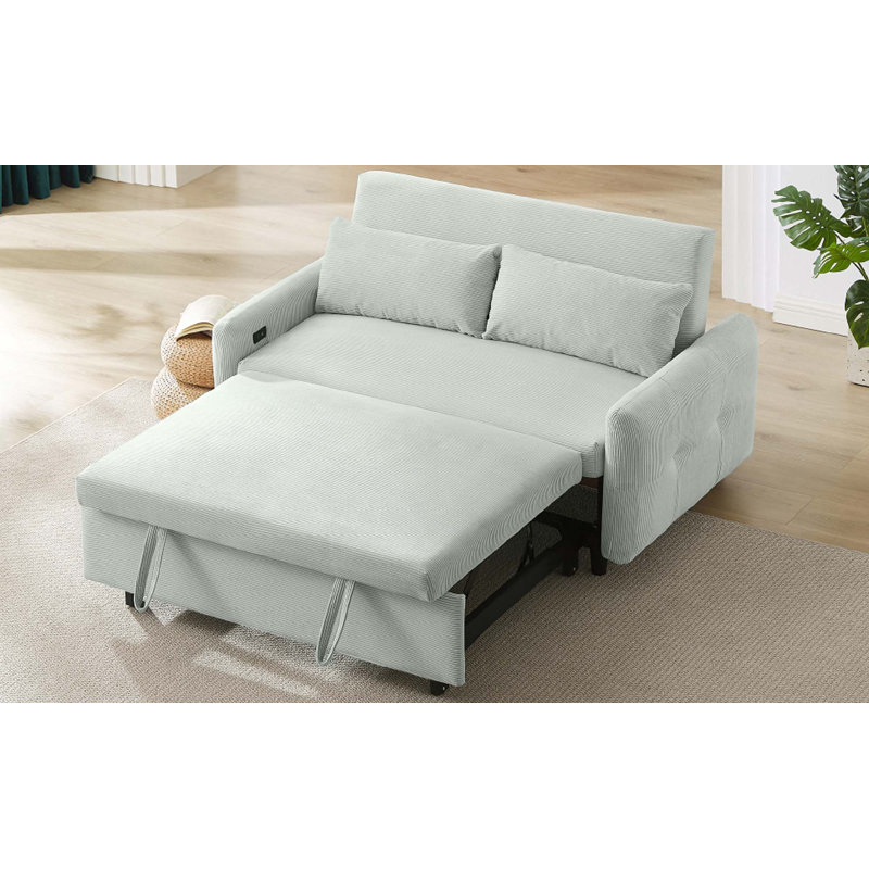 57.48" Pull-out Sofa Bed Convertible Couch 2 Seat Loveseat Sofa Modern Sleeper Sofa with Two Throw Pillows and USB Ports for Living Room