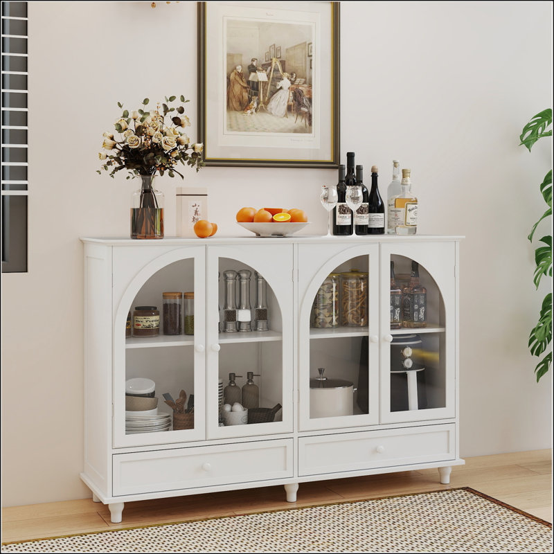 Buffet blanc en verre arqué avec 2 tiroirs et 4 portes en verre, tablettes réglables pour la cuisine et la salle à manger modernes
