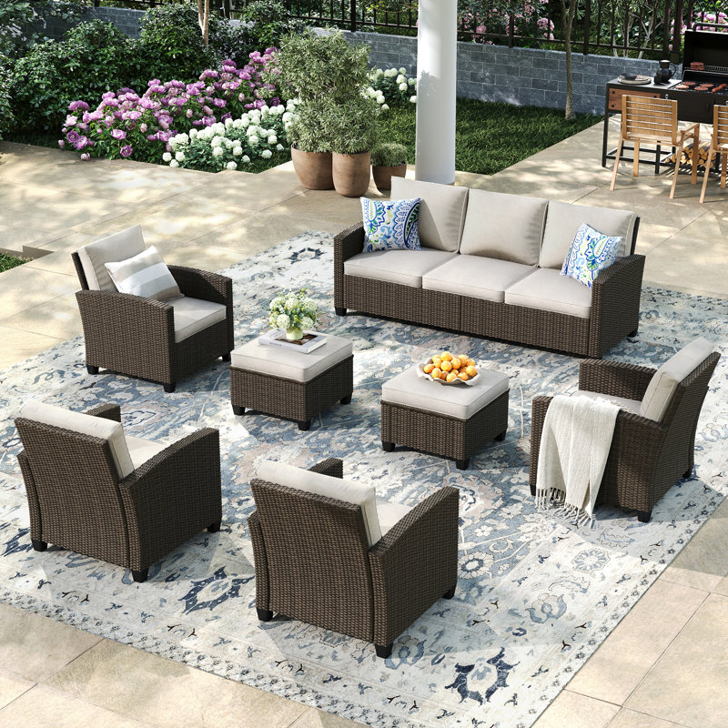7 Piece Outdoor Rattan Sofa Seating Groups, Beige
