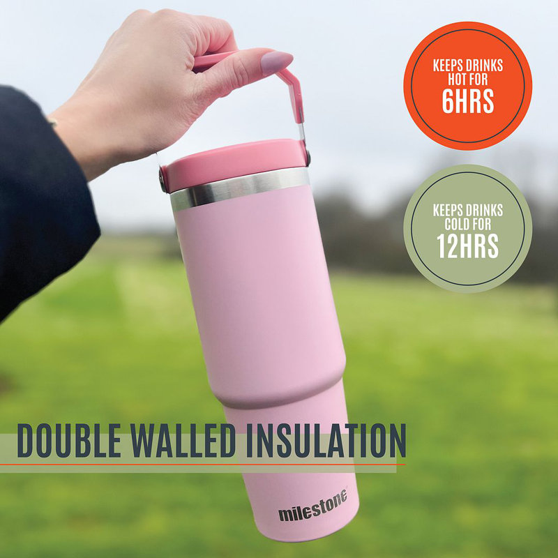 Milestone 890 mL Double Wall Insulated Stainless Steel Flip & Sip Bottle with, Pink