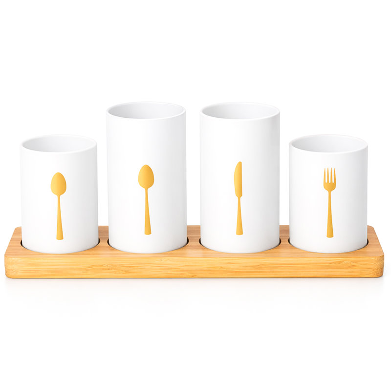 Metal Round Utensil Storage Set, White