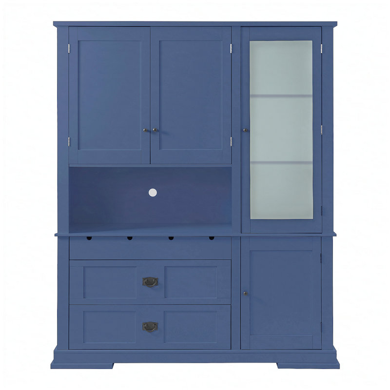 Buffet de cuisine traditionnel autoportant avec huche, grande armoire de rangement, tablettes réglables et tiroirs, bleu