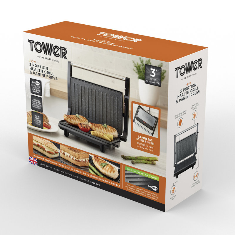 Tower T27038 4 Portion Health Grill and Panini Grill with Non-Stick Cerastone Coating, 750W
