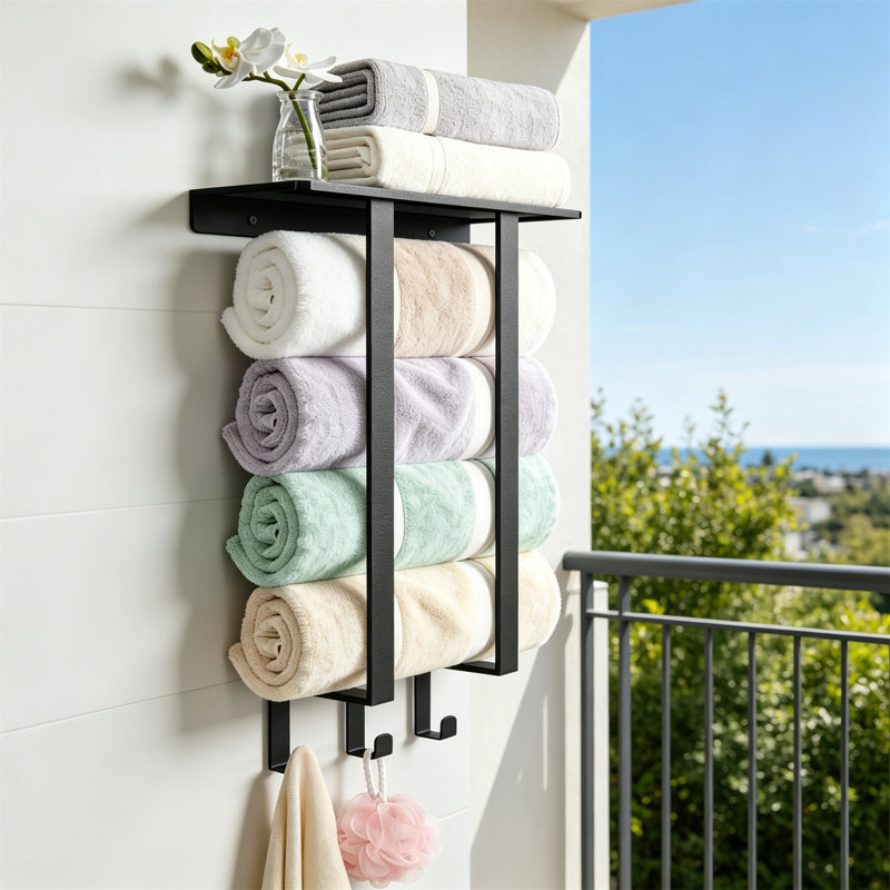 Porte-serviettes noir pour salle de bain mural, avec tablette et 3 crochets, porte-serviettes pour serviettes roulées