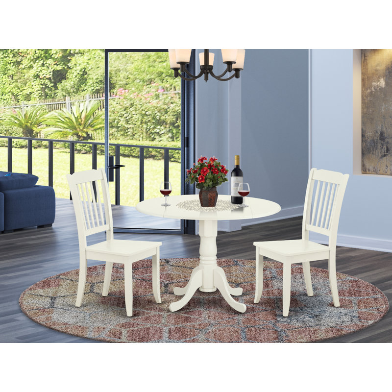 L'ensemble 3 pièces de table de cuisine et chaises comprend une table de salle à manger ronde avec Dropleaf et 2 chaises en bois massif, lin blanc