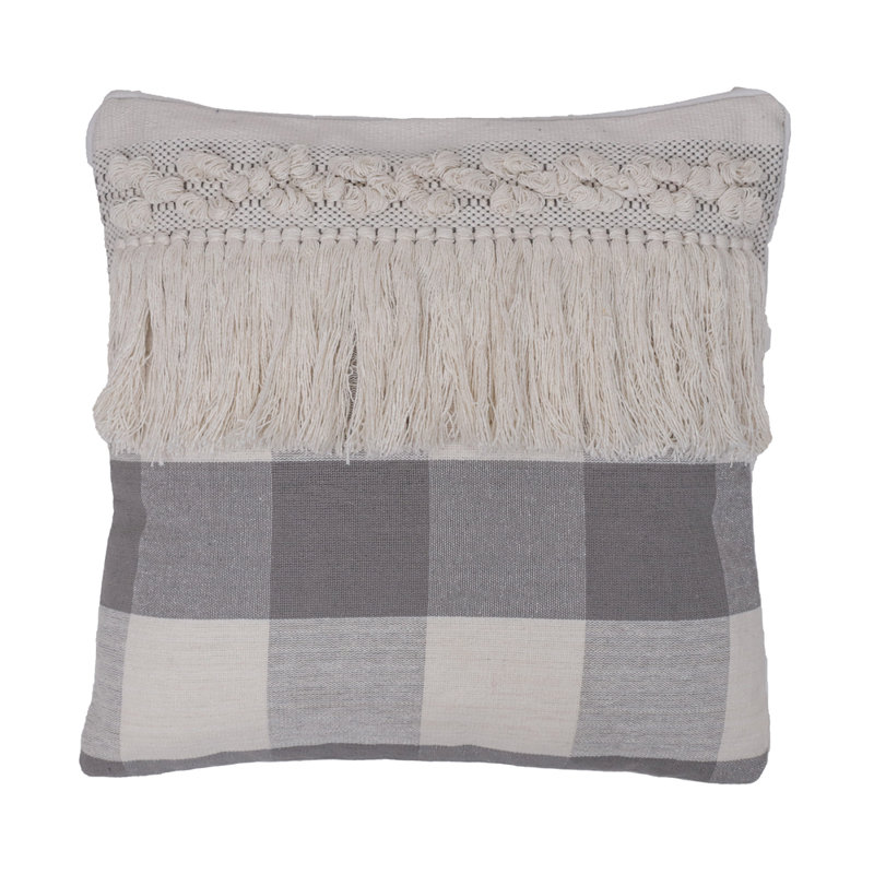 Vickerman Grey Plaid Fringe Cotton Pillow Pre-Decorated Reversible Throw Pillow
