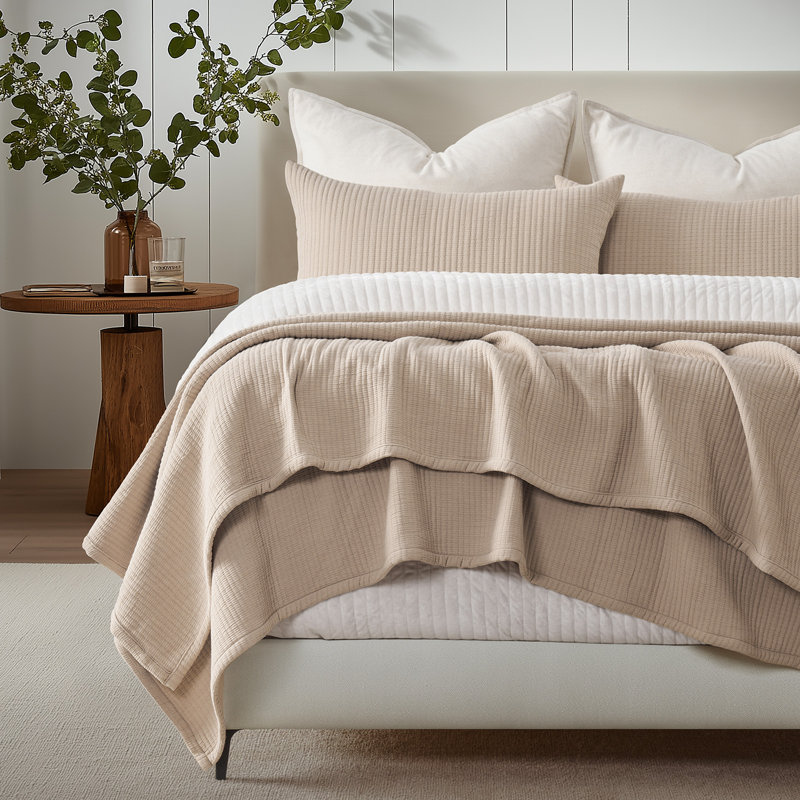 Solid Cotton Gauze Pick-stitch Matelesse Coverlet Bedspread set, Khaki Tan, King Quilt + 2 King Shams