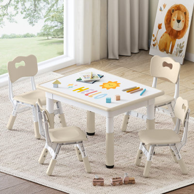 Kids Study Table and Chairs Set, Height Adjustable Toddler Table and Chair Set for Kids Ages 3-8, 31.5" L x 23.6" W Graffiti Desktop Plastic Children Art Table with 4 Seats