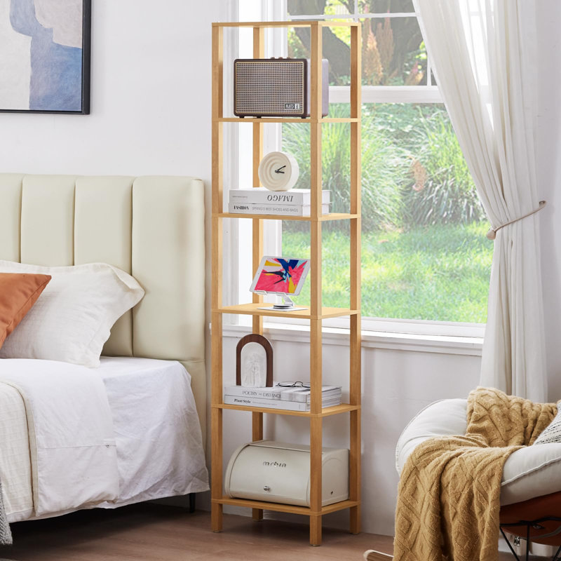 66in Tall Bookshelf 6-Tier Small Narrow Bookcase, Skinny Book Shelf for Small Space, Farmhouse Slim Shelf with Storage, Wood Freestanding Display Thin Bookshelves for Living Room (Natural)