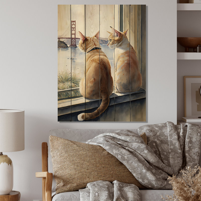 Deux chats assis près de la côte II - impression sur bois sans cadre, H 32 po x l 16 po x P 1 po