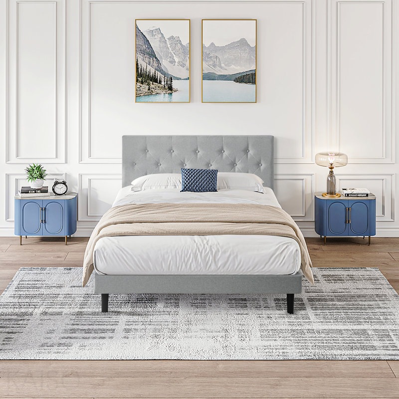 Base de lit tapissier grand format avec tête de lit en lin capitonné moderne, Light Grey, Queen