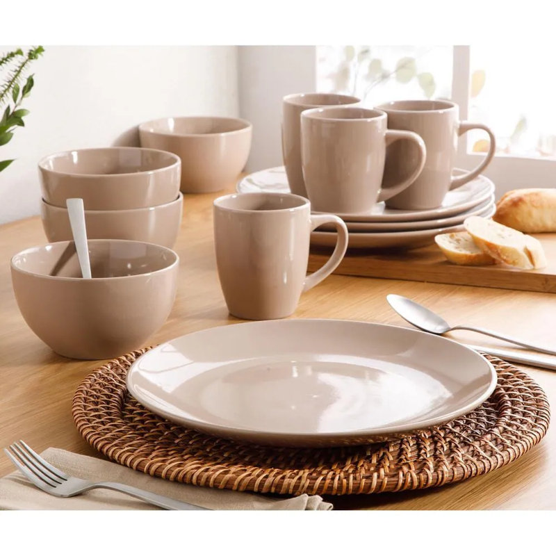Service de vaisselle rond 12 pièces en grès, allant au micro-ondes et au lave-vaisselle, service pour quatre, assiettes et bols modernes de tous les jours