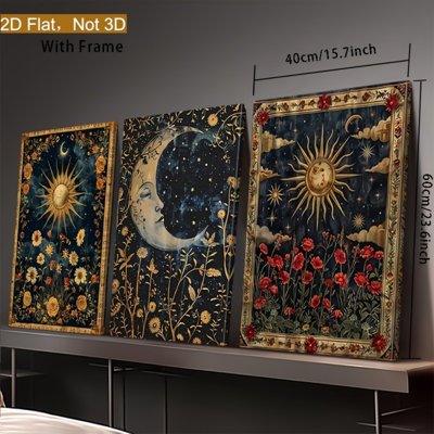 Sun Moon Flower, reproduction d'art rétro sur toile 3 pièces pour ambiance de salon gothique