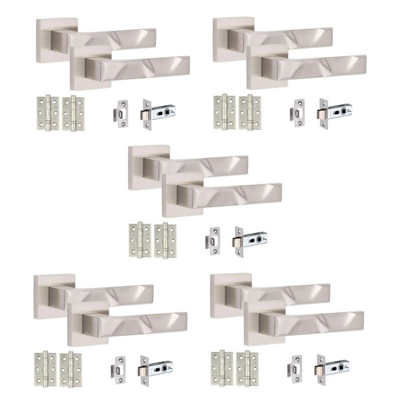 5 Pairs Modern Nova Premium Design Door Handles on Square Rose in Satin Nickel Finish