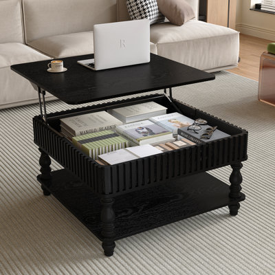 Table basse carrée à plateau relevable cannelé avec rangement caché et ouvert, mécanisme hydraulique, pieds rétro pour un salon polyvalent