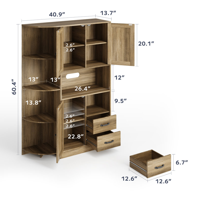 Kitchen Pantry with Microwave Shelf, 6-Tier Circular Rack, 2 Drawers & 2 Storage Cabinets for Kitchen or Living Room, Brown