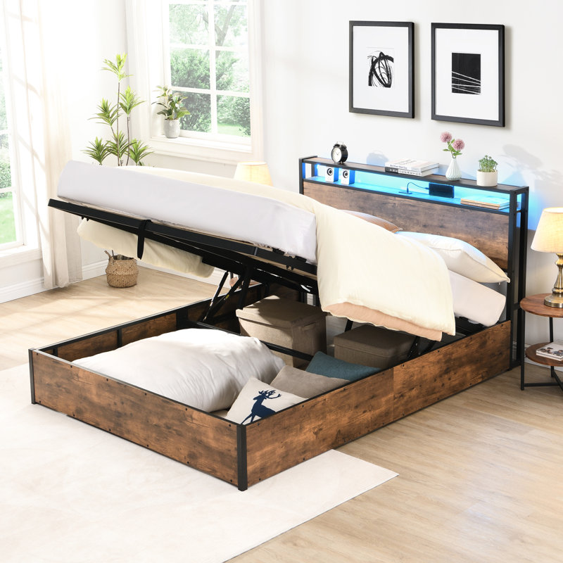 Base de lit avec rangement, style brun rustique, avec tête de lit bibliothèque et fonction d'éclairage à DEL, tête de lit - Design